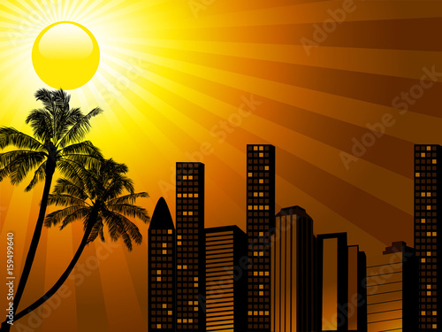 Tropical city sunset with palm tree