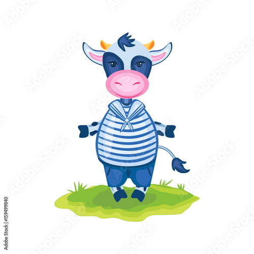 Cartoon calf vector kids farmer animal, domestic cute cow in sea costume standing in green grass isolated, Character design for greeting card, children invite, packaging products, creation of alphabet photo