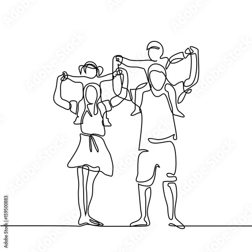 Continuous line drawing vector illustration. Happy family with children on shoulders