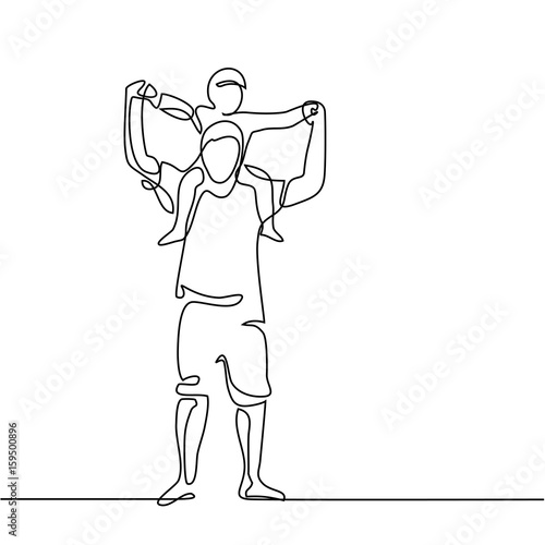 Continuous line drawing vector illustration. Father with son on shoulders silhouette.