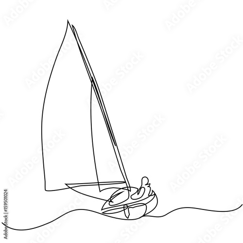 Continuous line drawing of sailboat with captain. Vector illustration