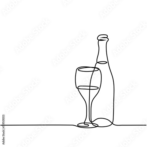 Continuous line drawing. Wine bottle and glass contour. Black outline vector.