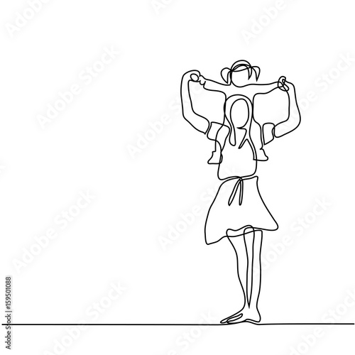 Continuous line drawing vector illustration. Mother with dauhgter on shoulders