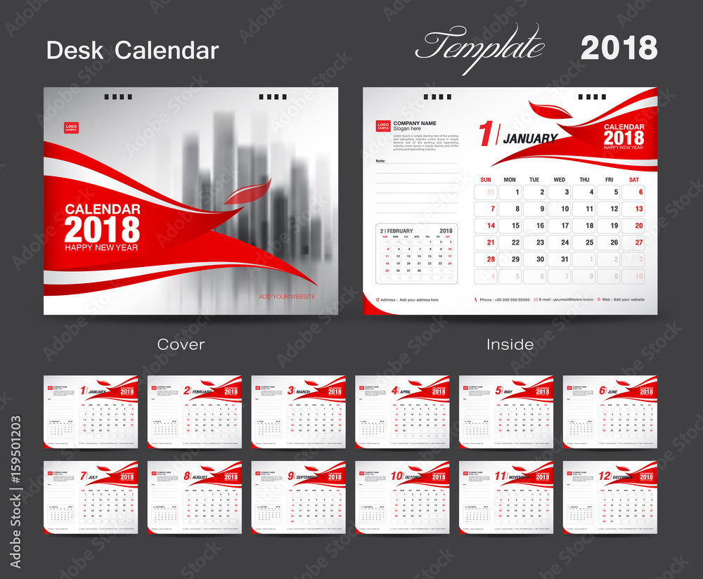 Set Desk Calendar 2018 Template Design Red Cover Set Of 12 Months Week Start Sunday 8362