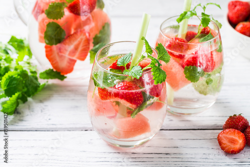 Cold drink with watermelon, strawberry, balm mint