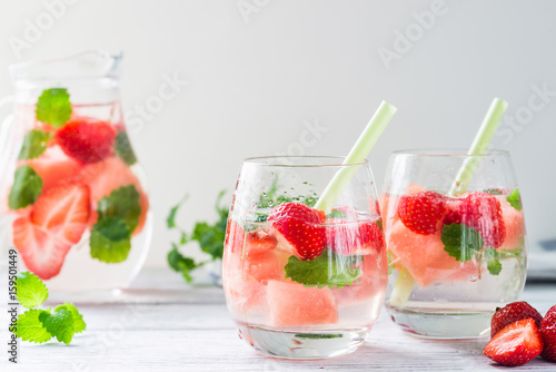 Cold drink with watermelon, strawberry, balm mint