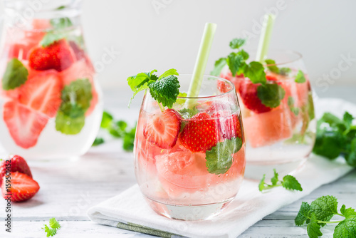 Cold drink with watermelon, strawberry, balm mint