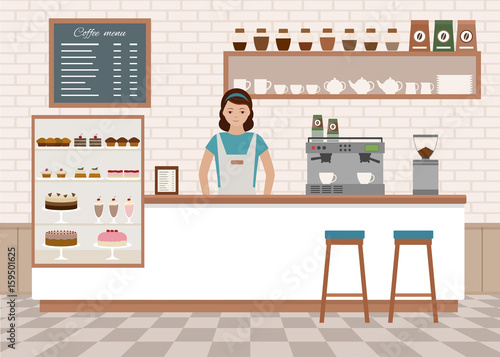Coffee shop interior. Young woman standing behind bar counter. Flat design vector illustration.