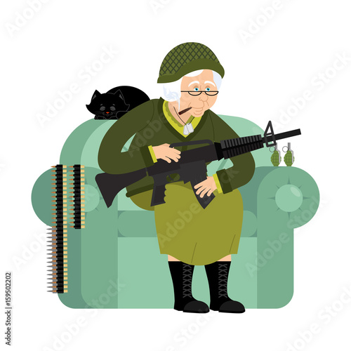 Military Grandmother with gun. Army old woman in an armchair with tommy gun and cat. Soldier grandma with rifle. Protection of pensioners