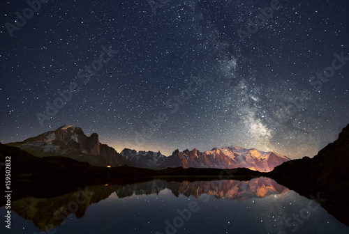 Cheserys lake and the Mont Blanc Massif at night