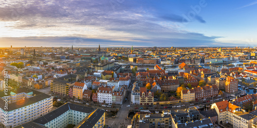 Copenhagen, Hovedstaden, Denmark, Northern Europe. High angle view over the old town from the Our Savior church at sunset.