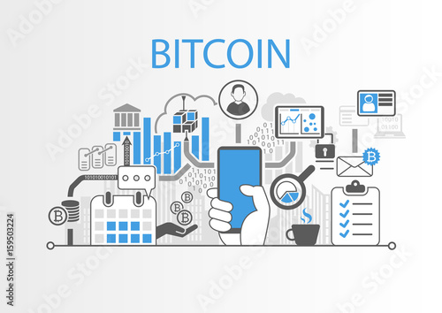 Bitcoin vector background illustration with hand holding smartphone and icons
