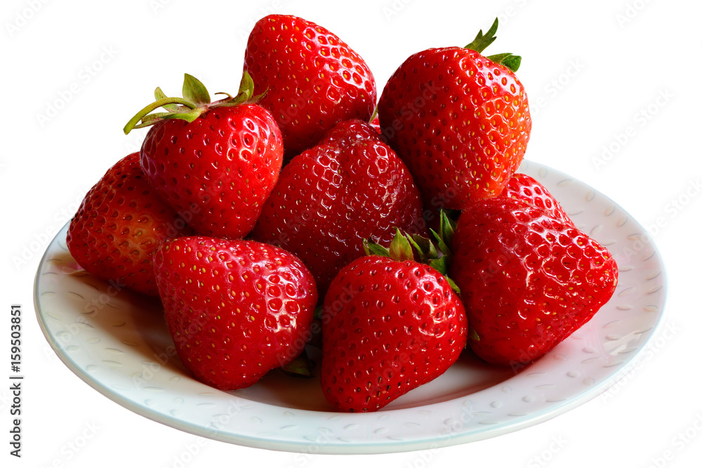 Ripe fresh red strawberries on a saucer. Isolated, white background. Ripe fresh red strawberries on a saucer. Isolated, white background.