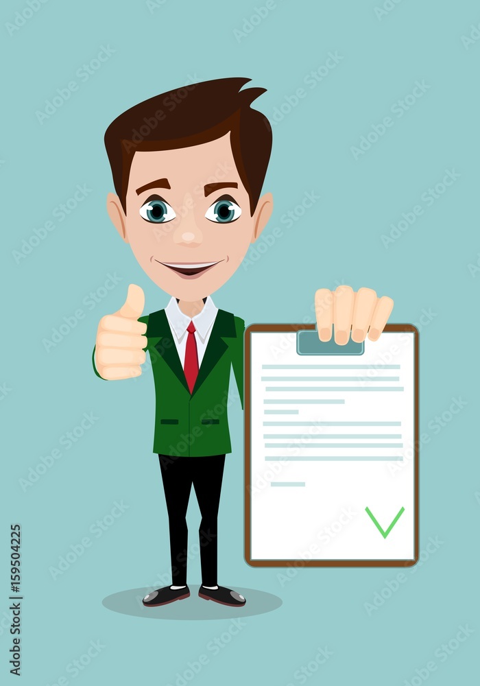 man with a questionnaire . good exam results paper sheet , quiz form idea, interview assessment illustration