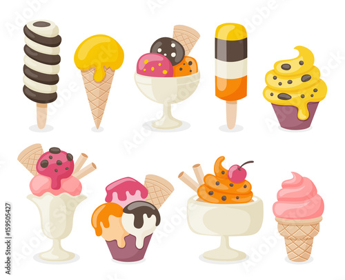 Collection of 9 tasty ice creams. Vector illustration.