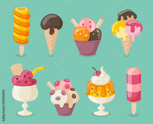 Collection of 8 tasty ice creams. Vector illustration.