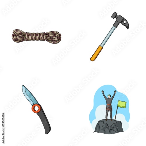 Climber on conquered top, coil of rope, knife, hammer.Mountaineering set collection icons in cartoon style vector symbol stock illustration web.