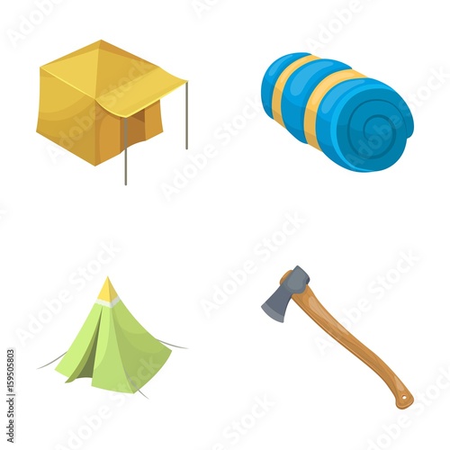 Tent with awning, ax and other accessories.Tent set collection icons in cartoon style vector symbol stock illustration web.