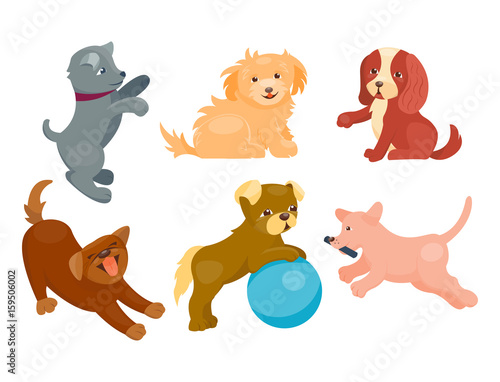 Vector illustration cute playing dogs characters funny purebred puppy comic happy mammal breed © partyvector