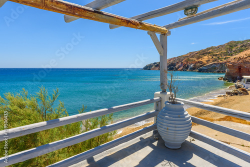 Terrace overlooking the Aegean Sea, Paleochori Beach, Milos. Cyclades Island, Greece. photo