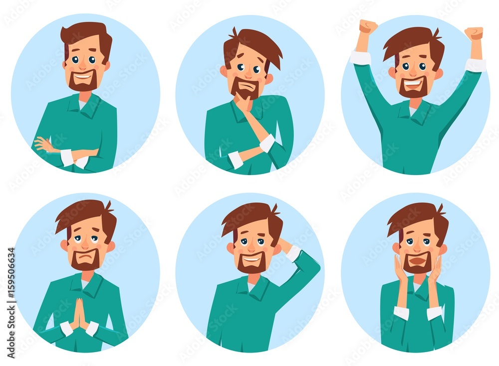 Young men in elegant office clothes. Set, worry, happy, thinking, smile Young men in elegant office clothes. Set, worry, happy, thinking, smile