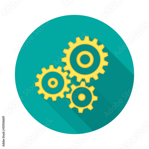 Cogwheel gear circle icon with long shadow. Flat design style. Mechanism simple silhouette. Modern, minimalist, round icon in stylish colors. Web site page and mobile app design vector element.