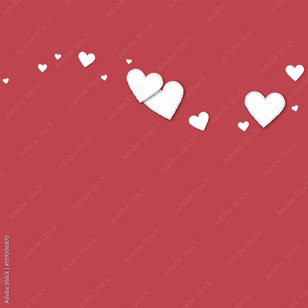 Cutout white paper hearts. Top wave with cutout white paper hearts on crimson background. Vector illustration.