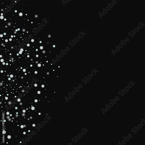 Beautiful falling snow. Left semicircle with beautiful falling snow on black background. Vector illustration.