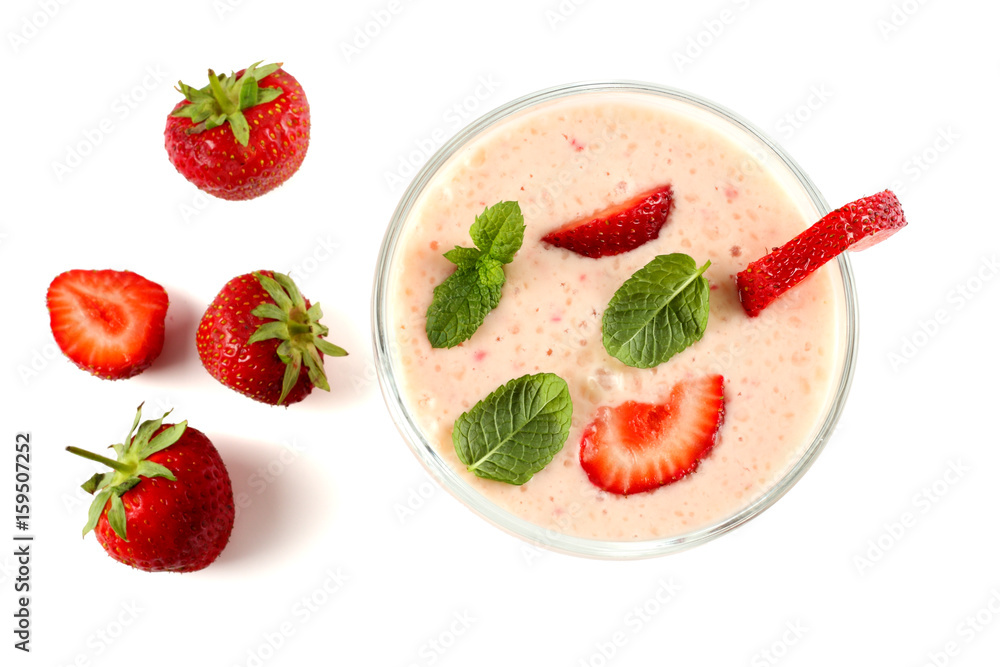 Healthy strawberry yogurt with mint leaves and fresh berries isolated on white background. Top view. Healthy strawberry yogurt with mint leaves and fresh berries isolated on white background. Top view.