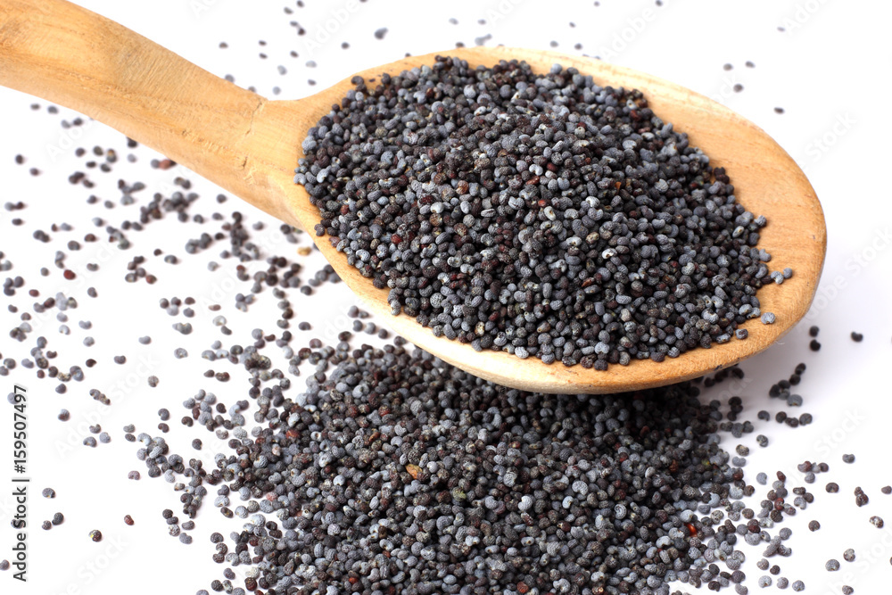 poppy seeds in wooden spoon isolated on white background poppy seeds in wooden spoon isolated on white background