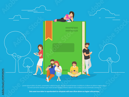 E-book concept vector illustration of young people using smartphones and tablet pc for reading interesting books and education. Flat design of guys and girls sitting near big book and reading