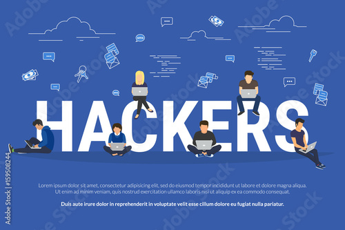 Hackers vector concept of young people using laptops for stealing login password, money, email, privat messages and credit cards using virus. Flat thief illustration of hackers coding bug to hack data
