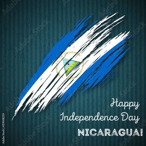Nicaragua Independence Day Patriotic Design. Expressive Brush Stroke in National Flag Colors on dark striped background. Happy Independence Day Nicaragua Vector Greeting Card.