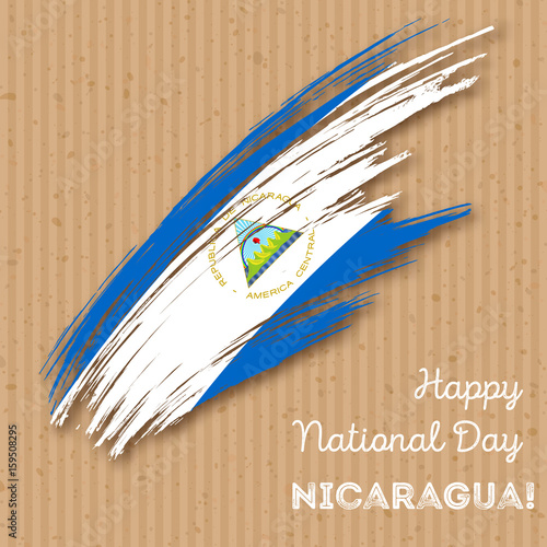 Nicaragua Independence Day Patriotic Design. Expressive Brush Stroke in National Flag Colors on kraft paper background. Happy Independence Day Nicaragua Vector Greeting Card.