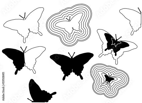 Black outline butterfly. Different vector black butterflies. Silhouettes and butterfly contours. Black butterfly logo for design. Butterfly circuit