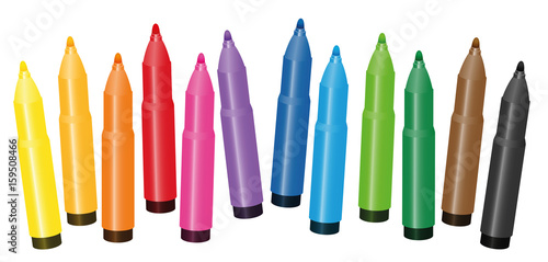 Felt pens, colorful set for painting coloring books - loosely arranged - isolated vector illustration on white background.