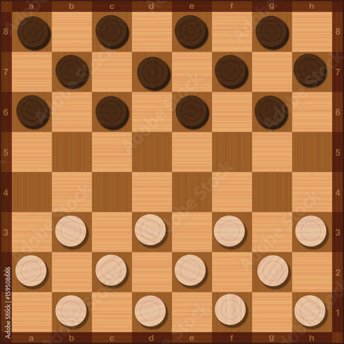 Draughts game, starting position of the twenty-four tokens, top view, wood grain style - vector illustration.