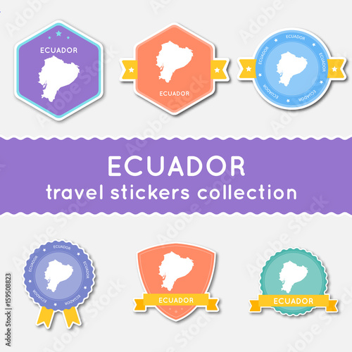 Ecuador travel stickers collection. Big set of stickers with country map and name. Flat material style badges vector illustration.
