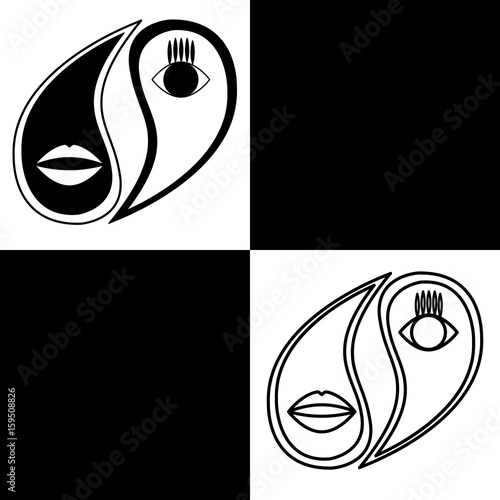 Yin Yang. Vector logo in the shape of yin-yang with a stylized image of the eyes and lips. Monochrome. Black and white