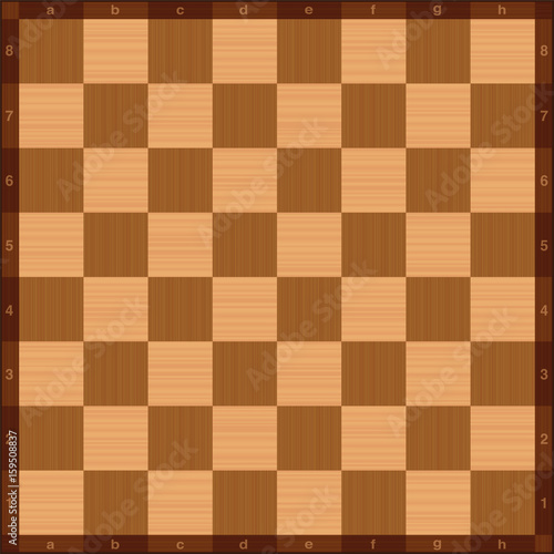 Chessboard, top view, wooden texture, with algebraic notation. Vector illustration.