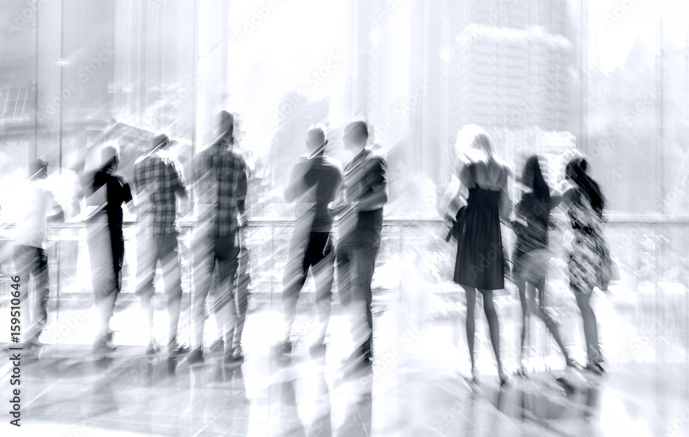 group of people in the lobby business center in monochrome blue tonality