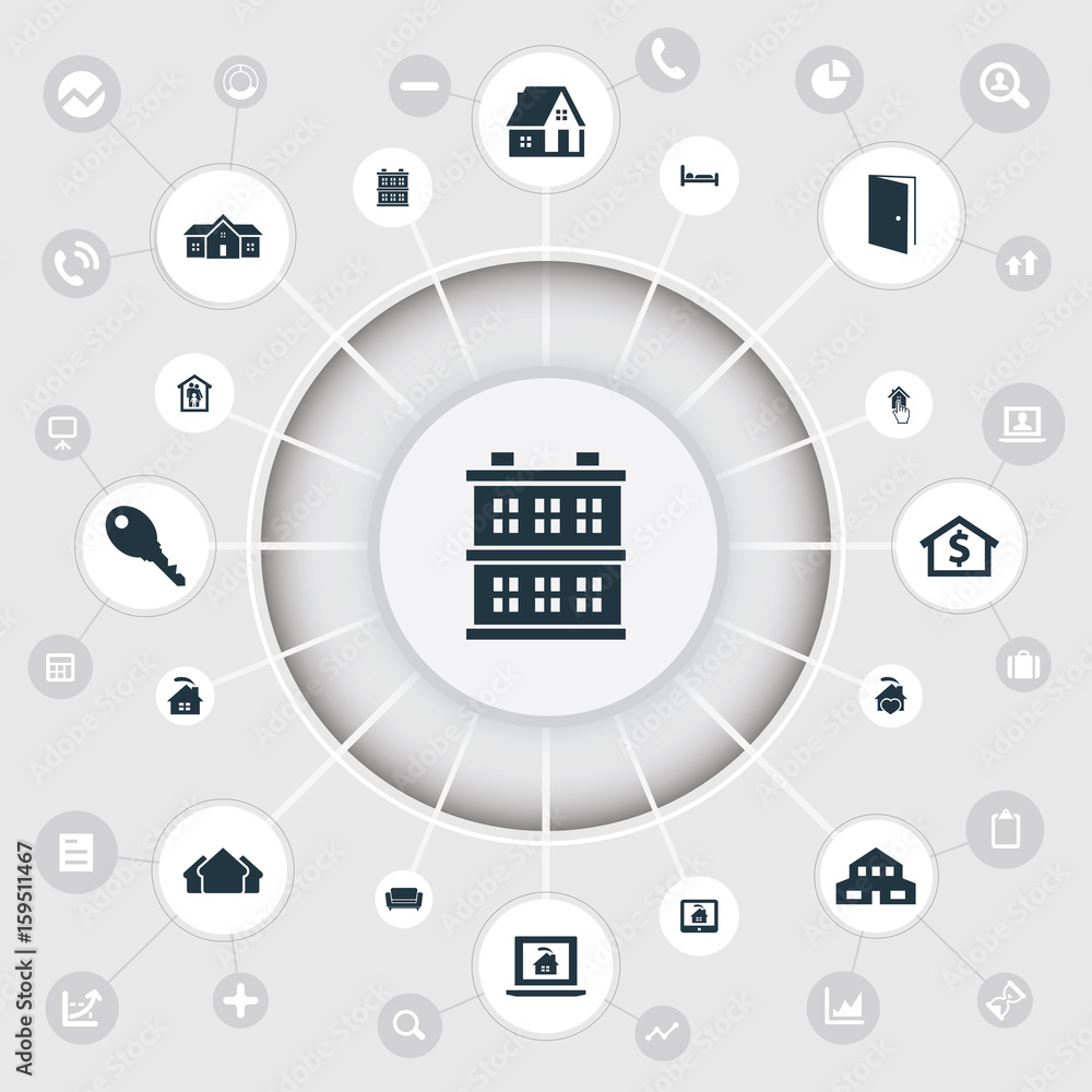 Vector Illustration Set Of Simple Estate Icons. Elements Bed, Open Door