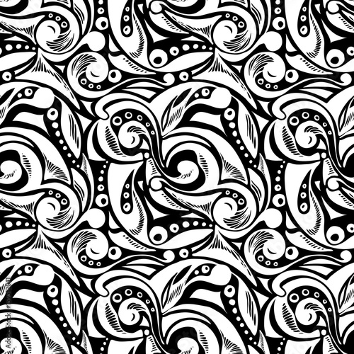 Seamless abstract pattern. Seamless pattern of hand-drawn objects. Seamless pattern from doodles. Black and white. Use as a background for packaging, postcards, wallpaper, prints on fabric, etc.