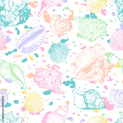 Vector seamless pattern with hand drawn colorful seashellsl. Multicolor abstr...
