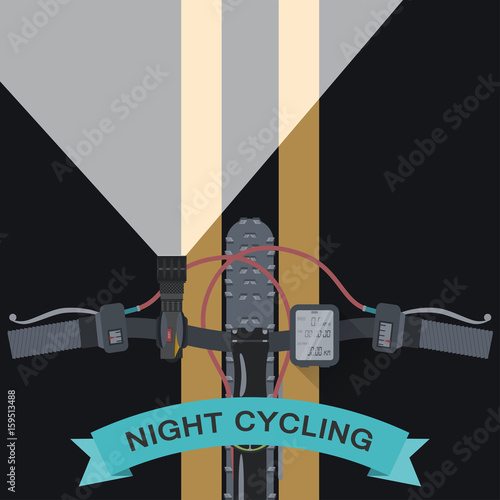 Vector flat poster of night cycling in the city top view from the first person.