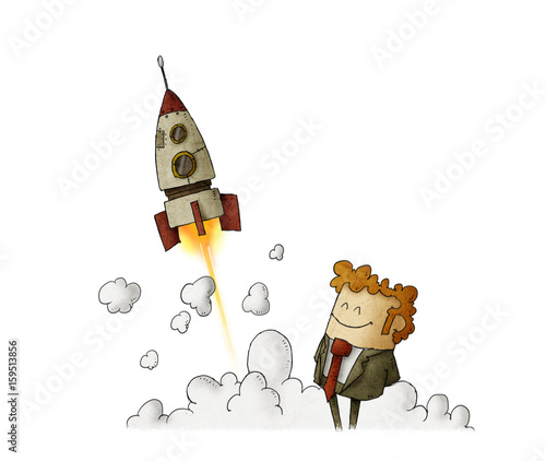 success businessman with rocket launching
