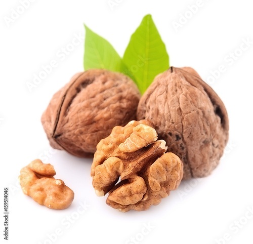Walnuts with leaves .
