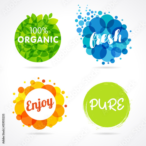 Organic, Fresh, Enjoy, Pure colored labels. Vector inscription words Organic, Fresh, Enjoy, Pure with color circle green leaf and colorful bubbles