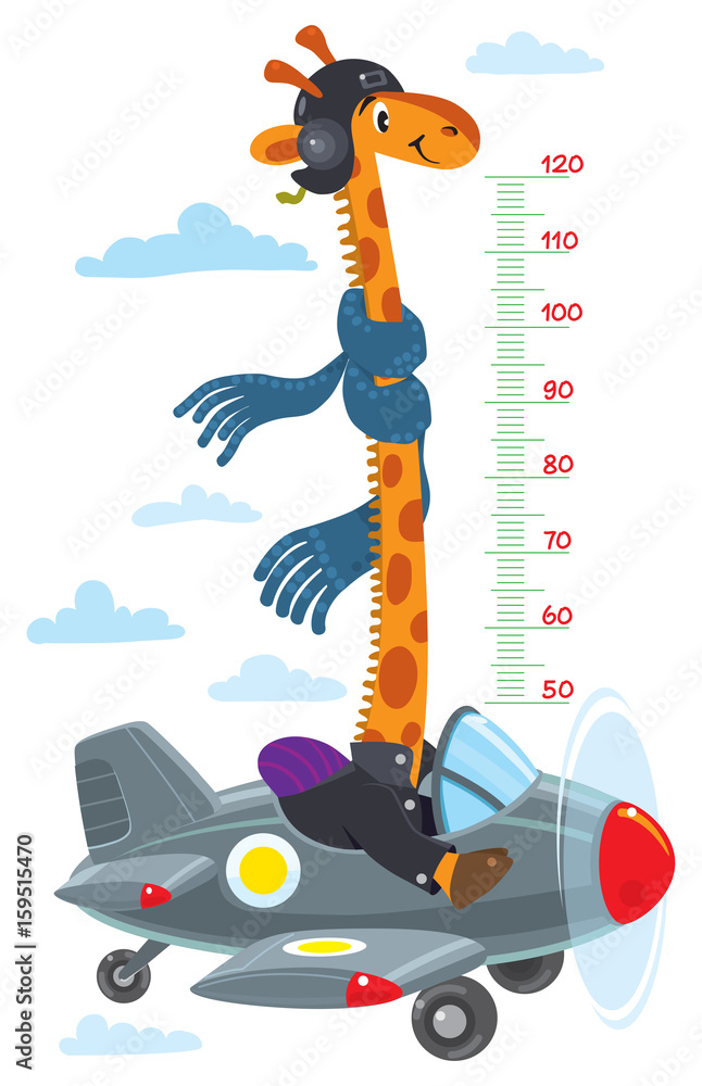Naklejka premium Giraffe on plane. Meter wall or height chart