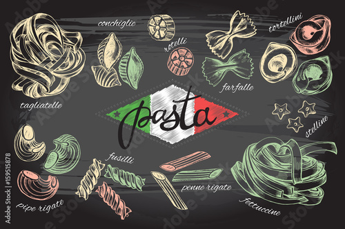 Different types of authentic Italian pasta. Hand drawn set. Vector illustration on the blackboard. Menu or signboard template for restaurant.